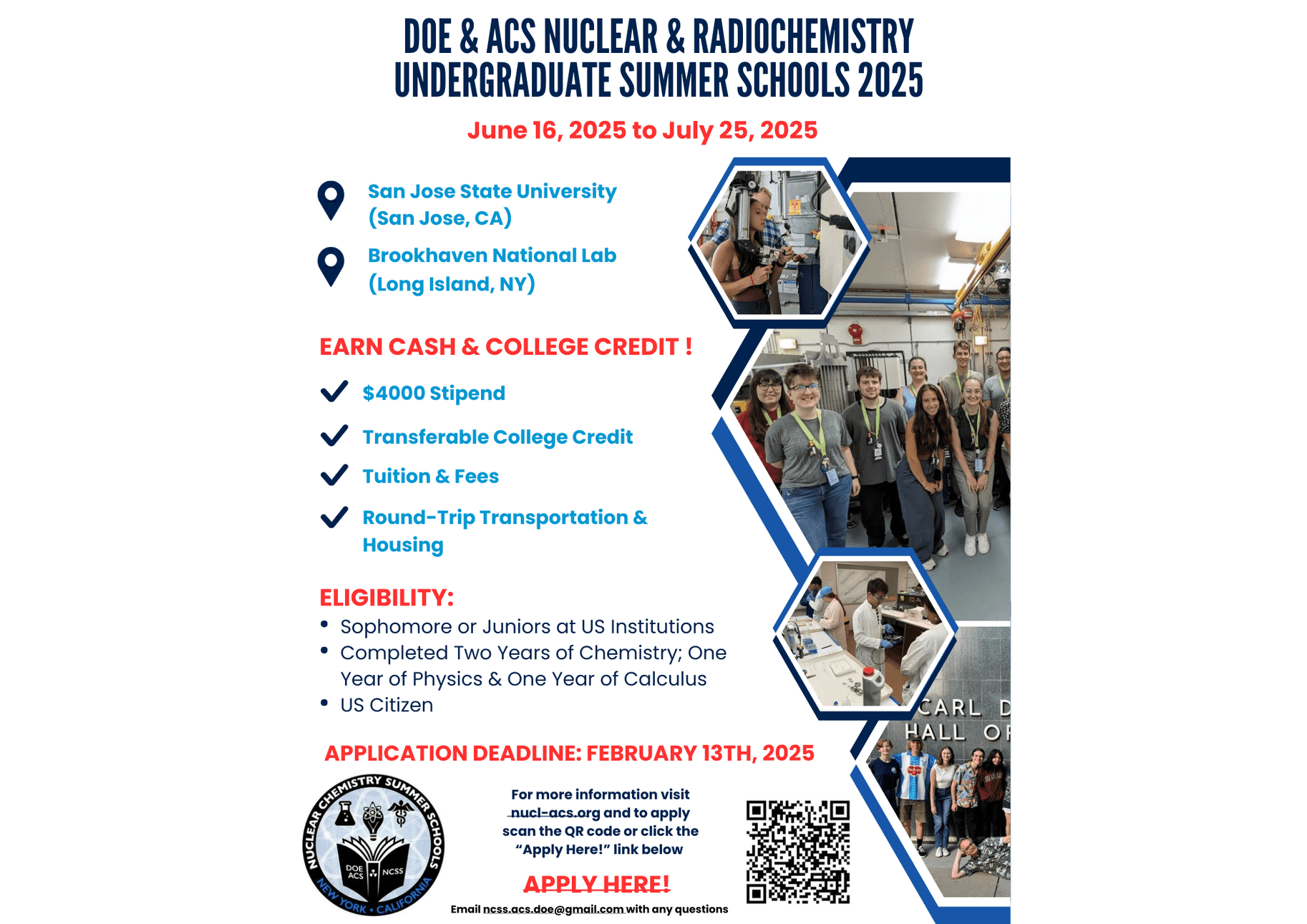 flyer for DOE and ACS Nuclear and Radiochemistry Undergraduate Summer Schools 2025